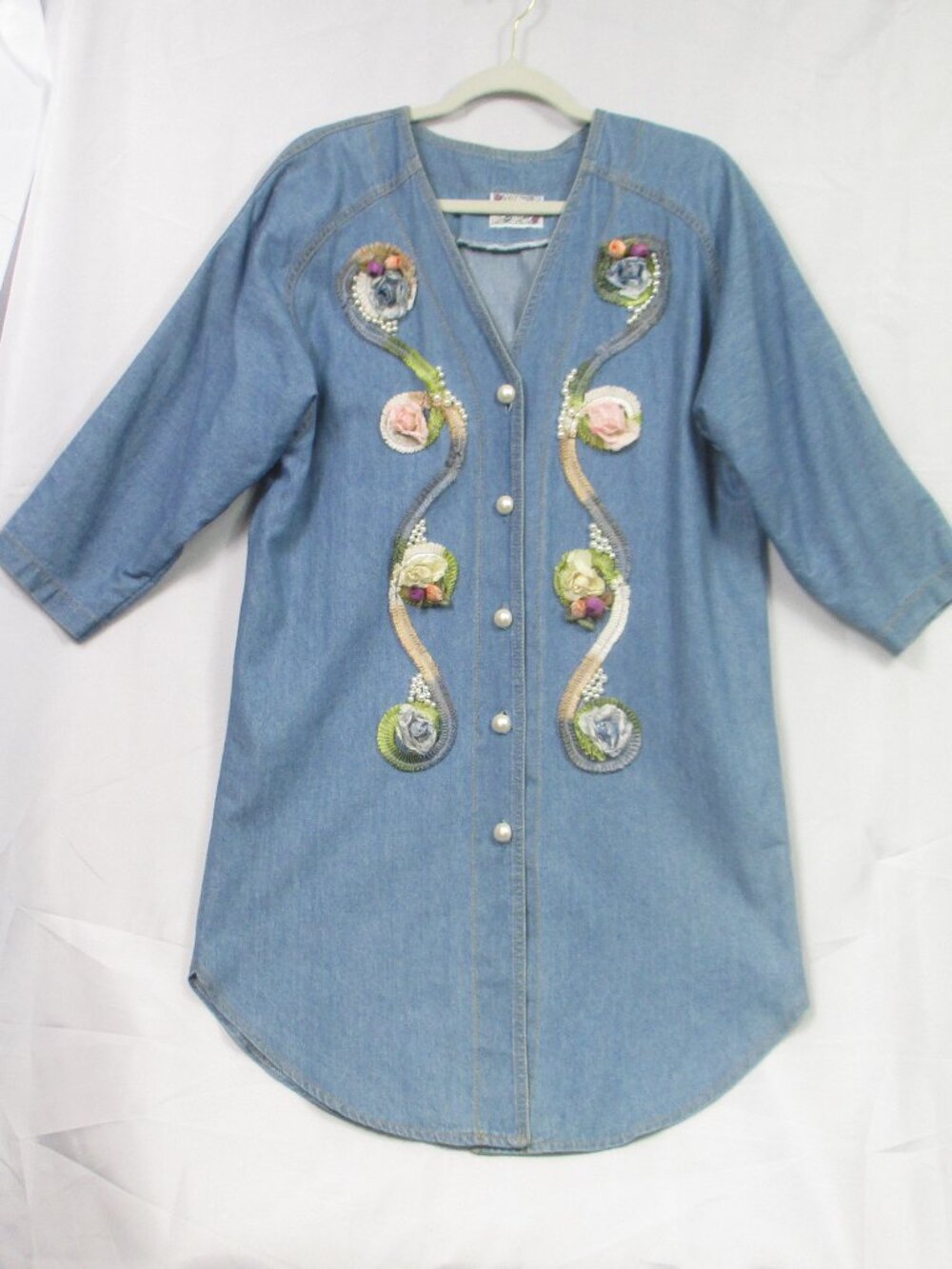 Vintage 80s Monique Fashions Embellished Denim Jacket Floral Pearl Cotton USA 10